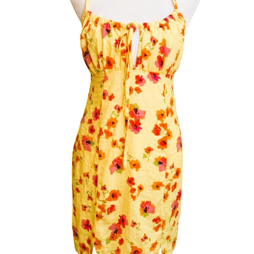 Wild Fable Dress Yellow Floral Ruched Linen Slip Sleeveless size S NWT
